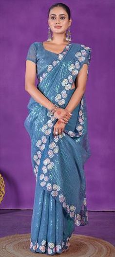 Blue color Saree in Shimmer fabric with Embroidered, Sequence, Thread work Festive Blue Embroidered Fitted Fabric, Blue Embroidered Saree For Party, Traditional Blue Sequined Saree, Blue Sequined Saree For Wedding, Party Blue Embroidered Saree, Party Embroidered Blue Saree, Blue Sequined Wedding Saree, Festive Blue Saree With Sequins, Blue Sequined Saree For Diwali