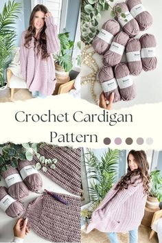 the crochet cardigan pattern is shown in three different colors