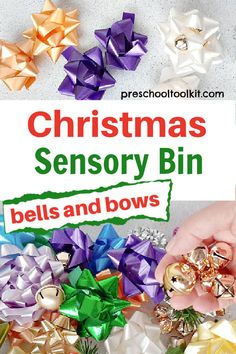 the words christmas sensory bin bells and bows are shown