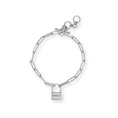 Lock down the ultimate style with this unique bracelet! Paper clip style chain bracelet features a lock charm with CZ accents on both sides and finished with an adjustable length toggle closure. .925 Sterling Silver Rhodium plated Size 6.5" - 7.5" Black Leather Choker, Silver Paper, Toggle Bracelet, Unique Bracelets, French Wire, Trombone, Silver Stars, Bar Necklace, Chain Link Bracelet