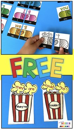 two pictures with the words free and one has popcorns on it, which are cut out