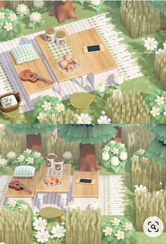 two pictures of a picnic table in the middle of a field with flowers and trees