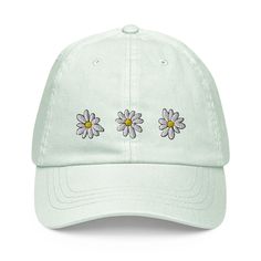 Gone may be the days of when we would make crowns of daisies, but that doesn't mean you have to stop wearing them on your head! This design is simple and sweet, just like you. Embroidery is machine-finished and polished-looking, promising for a cute addition to any summer 'fit. ABOUT THE PHYSICAL PRODUCT Classic cap shape features a curved visor with a high-quality adjustable buckle strap. Hat panels are unstructured for a casual fit. Comfortable and stylish choice, created with 100% chino cotto Shrek Heart, Shrek Love, Holiday Hats, Pastel Mint, Unique Hats, Hat Summer, White Embroidery, Shrek, Profile Design