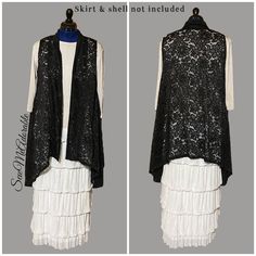 "The \"June\" lace cardi vest  is the ULTIMATE in layering fashion! Made of soft stretch lace, and super cute,  you'll love how versatile this vest is!  These vests are handmade by me and come in 2 sizes....ladies & plus size. PLEASE KEEP IN MIND THAT, DUE TO THE FACT THAT THIS ITEM IS MADE TO ORDER, ALL LACE PICTURED MAY NOT BE AVAILABLE.  CONTACT ME PRIOR TO ORDERING AND I WILL WORK TO GET YOU THAT PERFECT VEST! I will be adding pictures of this vest in different lace as I make them available.   If you have a specific color that you don't see here, just ask and I'll see if I can get it for you.   My current turnaround time is 4 weeks to ship.  I ship with USPS shipping.  If you need your item quicker, I have a \"Rush Order\" listing that you can purchase and it moves your order to the fr Fall Lace Top With Patchwork For Layering, Crochet Lace Top For Layering, Fall Lace Top For Layering, Bohemian Lace Top With Lace Trim For Layering, Sleeveless Lace Top With Lace Trim For Layering, Lace Top For Layering, Layering Fashion, Lace Vest, Layered Fashion