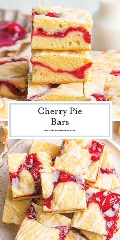 cherry pie bars stacked on top of each other with the words cherry pie bars above them