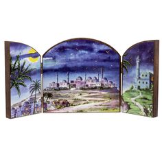 three pieces of art depicting the night sky and cityscape, with palm trees