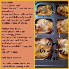 a recipe for mini muffins in a muffin tin with the words lunch time un - sloppy joes