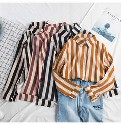 Stripe Chiffon Long Sleeve Blouse Shirt – Tomscloth Casual Striped Office Blouse, Casual Striped Blouse For The Office, Trendy Collared Blouse, Trendy Striped Collared Blouse, Chiffon Long Sleeve Blouse, Korean Shirt, Women Shirt Top, Fashion Vocabulary, Clothing Photography