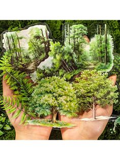 a person holding up some green plants and trees in their hands with the words forest on them