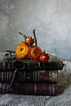 three books stacked on top of each other with an umbrella and flowers in the middle