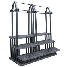 three metal racks with four shelves on each side