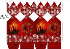 an origami christmas card with candles and roses on red background, cut out from paper