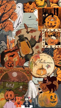 halloween collage with pumpkins, jack - o'- lanterns and other items