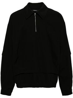 black jersey texture layered design cocoon design eyelet detailing polo collar half front zip fastening drop shoulder long sleeves straight hem Half Zip Polo Shirt, Zipper Shirt, Layered Shirts, Polo Shirt White, Black Polo, Black Jersey, Layered Design, Balenciaga Triple S, Pique Polo Shirt