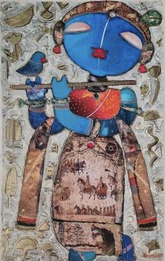 an image of a blue cat with birds on it's head and arms, holding a