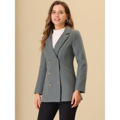 Available in a wide variety of colors, you'll surely find a lady's blazer coat that can complement your style. This is a double-breasted coat that can shield you from cool weather. Complete with a removable belt, you can style this dress coat in multiple ways. A solid color keeps this piece perfectly sophisticated, and a longer length hits at the hip for a dramatic touch. Womens Blazer Coat, Office Elegant, Lapel Coat, Elegant Coats, Ladies Blazer, Lapel Blazer, Collar Coat, Dress Coat, Wool Peacoat