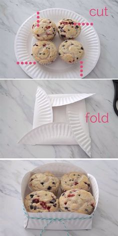 three pictures showing how to make muffins in a paper plate and then cut