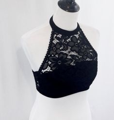 Women's Black Crop Top Gothic Crop Tops, Lace Clothes, Altered Clothes, Dark Clothing, Dark Summer, Lace Halter Top, Black Halter Top, Technical Drawings, Black Lace Top