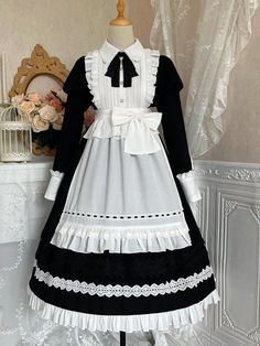 Black High Waist One Piece Maid Style Dress with Detachable Apron Long Sleeves Version Maid Outfit Vintage, Maid Outfit Long Skirt, Victorian Maid Dress, Maid Dress Drawing, Maid Dress Uniform, Mystic Manor, Maid Apron, Maid Cafe, Shopping Link