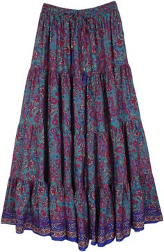 A beautiful long skirt with a gorgeous all-over pattern of Indian paisley motifs. The skirt looks stunning and is very comfortable, especially with its elastic waist and flowy soft fabric. #tlb #Floral #Printed #Paisley #FlowySkirt Cute Skirts Long, Indian Skirts, A Line Skirt Outfits, Indian Paisley, Steampunk Skirt, Skirt Flowy, Long Floral Skirt, Paisley Motifs, Indian Skirt