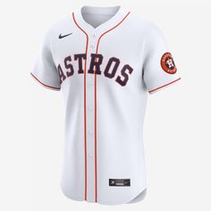 Featuring the official on-field design of your favorite MLB squad, this Houston Astros Jersey delivers an authentic look with premium team details. The sweat-wicking, stretch mesh fabric helps provide a breathable, comfortable feel on game day. White Jersey With Baseball Collar For Game Day, White Baseball Jersey With Team Logo For College, White College Baseball Jersey With Team Logo, White Varsity Jersey With Team Logo, White Varsity Jersey For Sports, Sporty White Baseball Jersey For Fans, White Baseball Jersey With Team Logo For Game Day, Collegiate White Baseball Jersey For Sports Season, White Baseball Jersey For Game Day, Sports Season