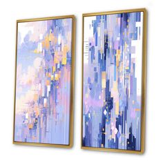 two paintings hanging on the wall with blue and yellow paint strokes in it's frames