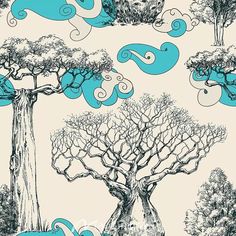 a drawing of trees with swirls in the sky