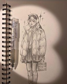 a drawing of a girl in a coat and boots with a pen next to it