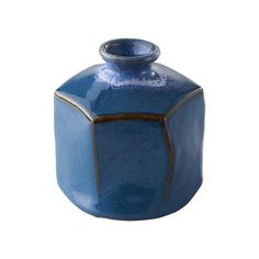 a blue vase with a brown stripe on the top and bottom, sitting in front of a white background