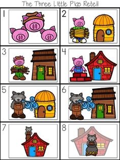 the three little pigs retell is shown in four different pictures, including two houses and one pig