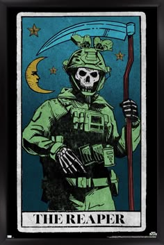 a taroti card with a skeleton holding a sceptacle and the words, the reader