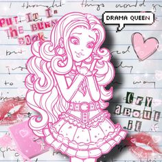 a drawing of a girl with long hair and pink lipstick on top of a notebook