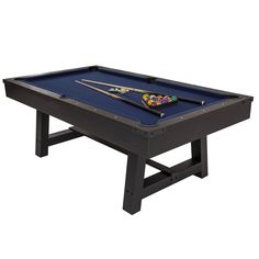 a pool table with two cues and balls on the top, ready to be played