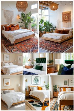 Collage of stylish bedrooms featuring bohemian decor, vibrant rugs, potted plants, and modern furniture.