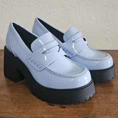 Brand New Periwinkle Platform Penny Loafers/Soda Size 9 Casual Patent Leather Platform Loafers, Spring Platform Loafers With Round Toe, Casual Patent Leather Platform Loafers With Pointed Toe, Casual Patent Leather Platform Loafers For Spring, Blue Loafers, Soda Shoes, Shoes Brand, Penny Loafers, Shoe Brands