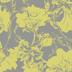 a yellow and gray floral wallpaper with large flowers on the left side of it