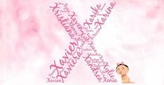 the letter k is made up of letters and numbers in pink, with a baby's name on it