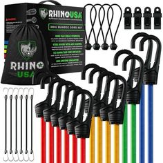 the rhino usa training set includes six resistance straps, two jump ropes and one carrying bag