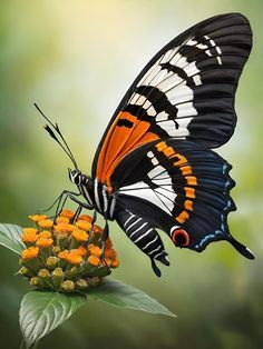 an orange and black butterfly sitting on top of a flower