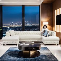 a woman sitting on top of a white couch in front of a window next to a coffee table