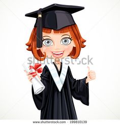 a girl in graduation cap and gown giving the thumbs up while holding a gift box