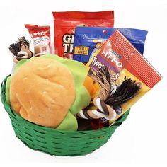 a basket filled with food and snacks