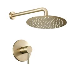 an image of a shower head with thermostaer and hand showerhead in brushed brass