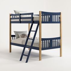 a bunk bed with two sets of ladders and pillows on the bottom one side