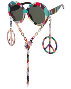 Far out, man! These super fun sunnies are the physical embodiment of Peace, Love, and Fabulous! Made of a round, multicolored frame with an all-over geometrical pattern these sunnies are the perfect accessory for bringing the bohemian hippie vibes with you everywhere you go! The stems have removable hanging colorful peace sign tassels at the temple and a removable, multicolored acrylic chain that can also be worn as a groovy mask chain. These fabulous sunnies ship with a cleansing cloth and prot Geometrical Pattern, Mask Chain, Hippie Vibes, The Bohemian, Bohemian Hippie, Resort Collection, Hippie Bohemian, Swim Accessories