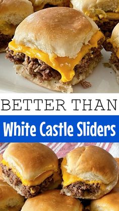 several cheeseburger sliders on a plate with the words, better than white castle sliders