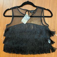 Sheer Black Mesh With Layered Fringe. Smoke-Free Home. Black Fringe Tops For Summer, Black Fringe Top For Night Out, Trendy Black Top With Fringe, Trendy Black Fringe Top, Layered Fringe, Fringe Crop Top, J Black, Denim Skirt Women, Tops Black