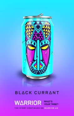 a can of black currant beer on a purple and blue background with the words warrior