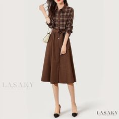 Lasaky - Fashionable Plaid Patchwork Waist-tied Maxi Dress Fall Office Dress With Patchwork, Patchwork Dress For Office In Fall, Casual Midi Dress With Patchwork For Work, Casual Patchwork Midi Dress For Work, Brown Patchwork Dress For Work, Tied Maxi Dress, Gathered Maxi Dress, Belted Maxi Dress, Basic Skirt