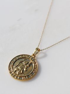 Saint Christopher Protect Me Brass Medallion Necklace Tarnish Resistant, Tarnish Resistant Brass Medallion Necklace, Engraved Gold Plated Medallion Necklace, Nickel-free Yellow Gold Medallion Coin Necklace, Vintage Gold Medallion Necklace Tarnish Resistant, Vintage Yellow Gold Tarnish Resistant Medallion Necklace, Vintage Yellow Gold Tarnish-resistant Medallion Necklace, Tarnish Resistant Gold Plated Medallion Necklace, Gold Plated Medallion Necklace